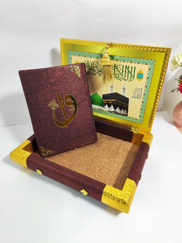 Maroon & Gold Velvet Wooden Quran Box with Calligraphy